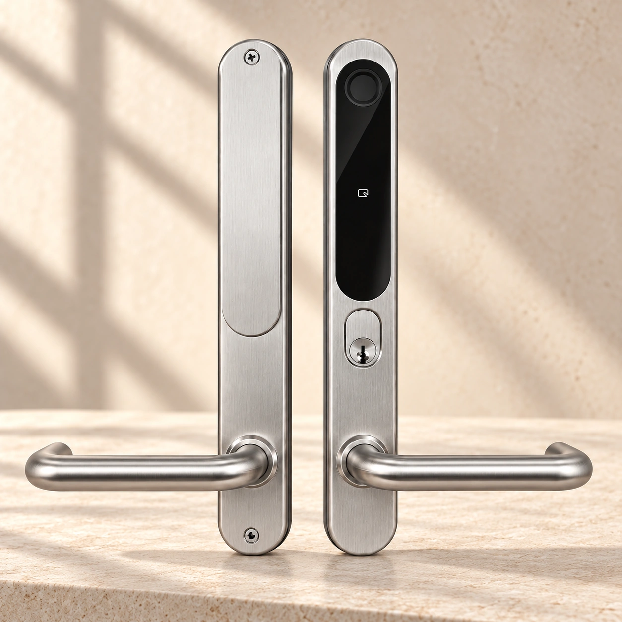 Phoenix smart escutcheon in stainless steel, inside and outside lever handles