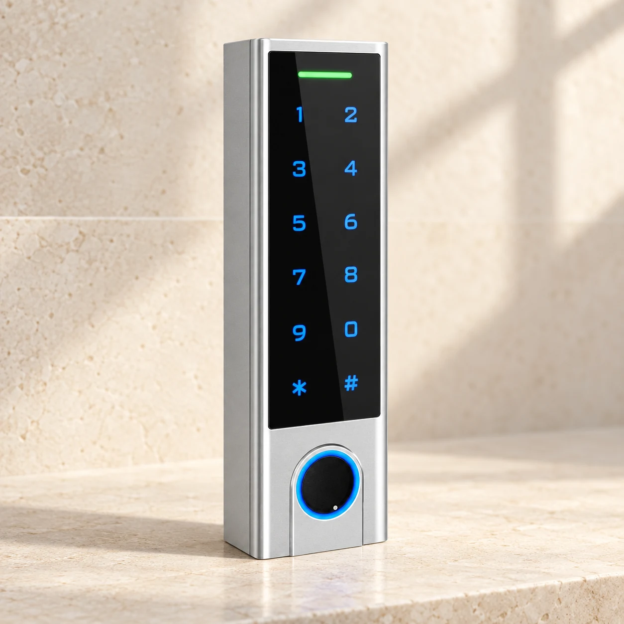 Narrow access reader in silver and black